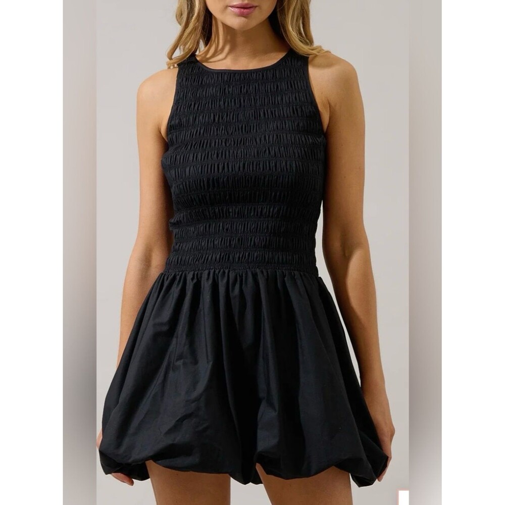 NEW HYFVE Black Smocked Halter Mini Dress with Ballon Skirt sz LARGE